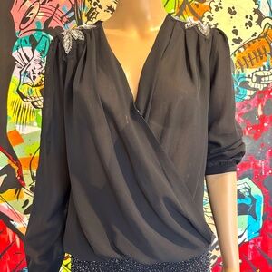 Brandlabel Crossover Bubble Shirt with Silver Sequin Floral Detail Sz M